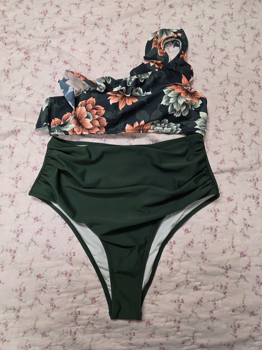 Cupshe Floral One-Shoulder Bikini Top & High-Waist Bikini Bottoms